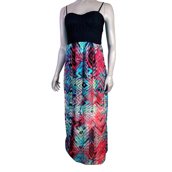 Trixxi Dresses & Skirts - Trixxi Womens Black Lace Bodice Multi Color Ikat Print Cutout Back Maxi Dress M